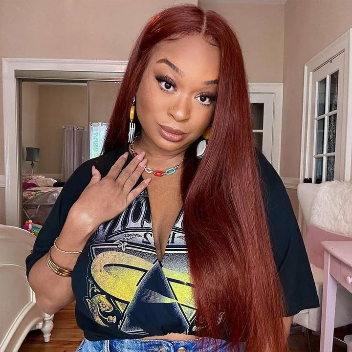 Reddish Brown glueless straight wig, wear and go 5x5 HD lace human hair