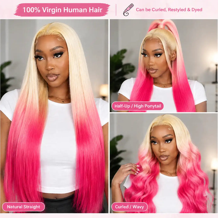 Restyled straight human hair with middle parting - Ombre 613 Blonde Orange Pink Yellow Straight 13x4 HD Lace Front Human Hair Wig.
