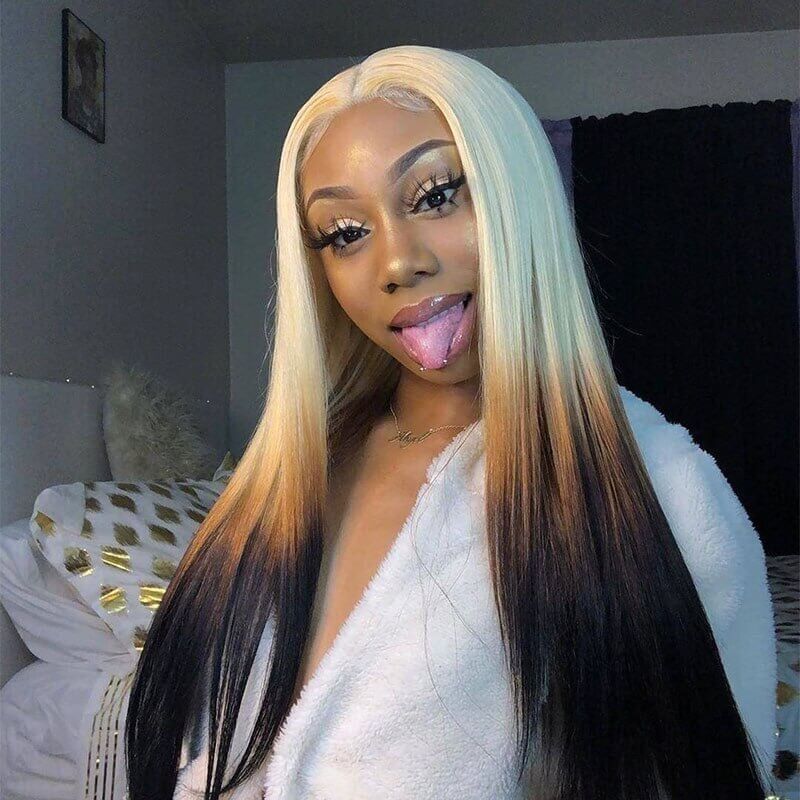Reverse Ombre Blonde Lace Front Human Hair Wig Soft Straight Texture