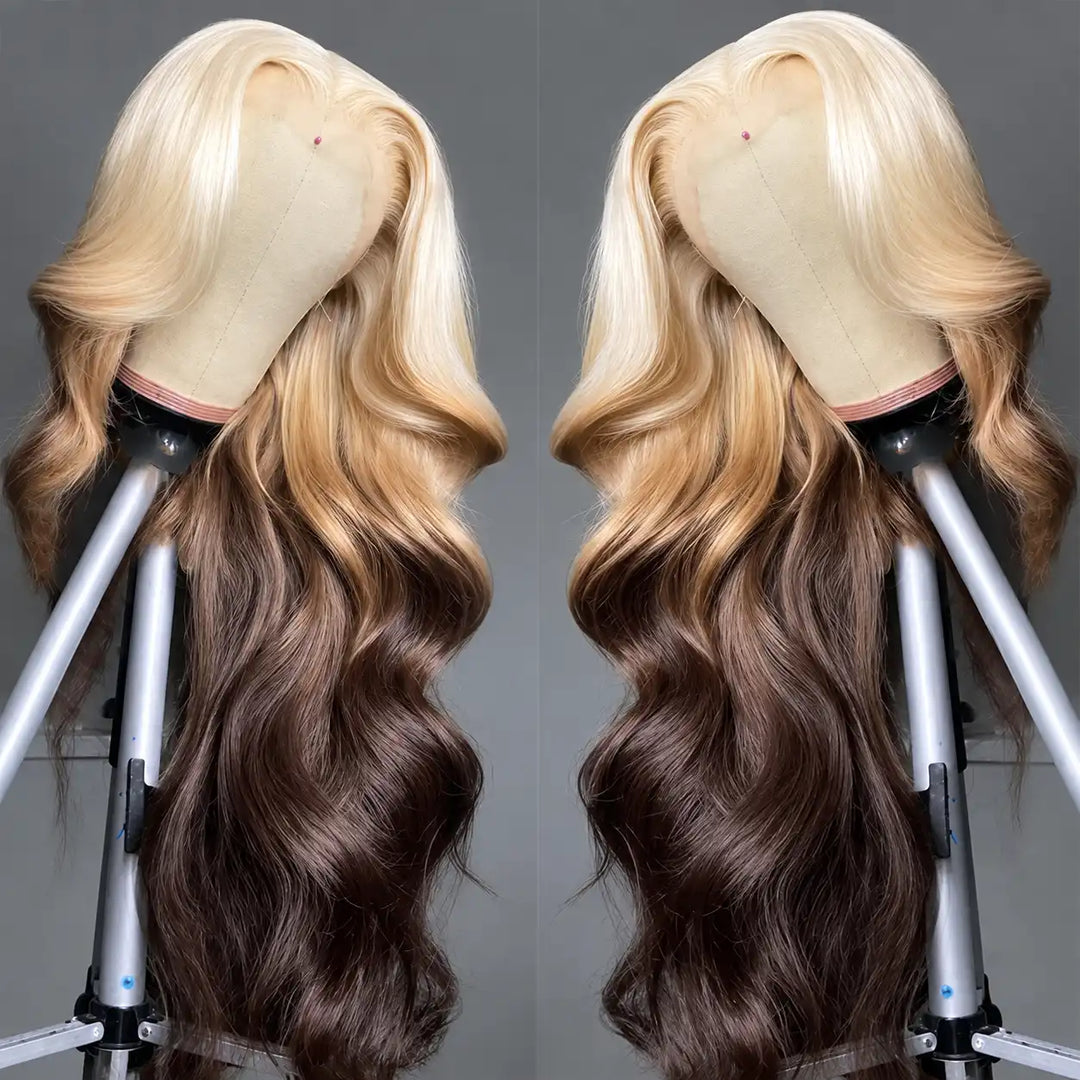 Reverse Ombre Human Hair Wig 13x4 HD Lace Front Blonde to Dark Brown Black Wigs