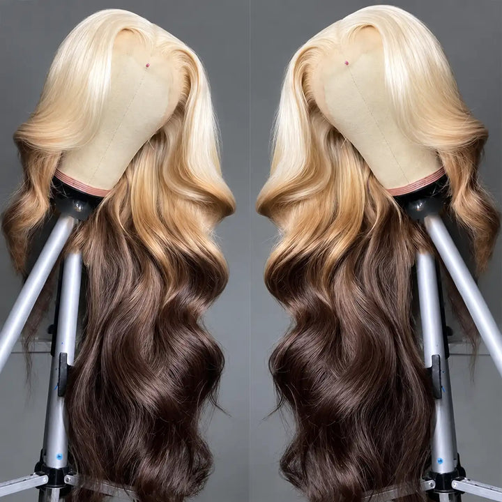 Reverse Ombre Human Hair Wig 13x4 HD Lace Front Blonde to Dark Brown Black Wigs