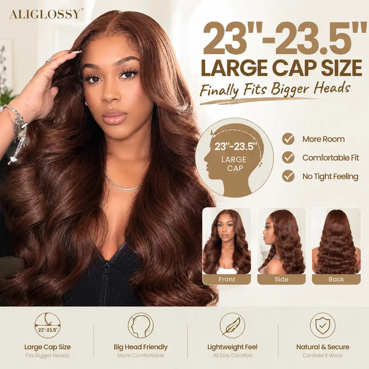 Rich #4 chocolate brown colored body wave human hair wig showing soft shine and warm brown hue