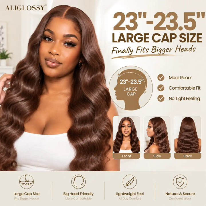 Rich #4 chocolate brown colored body wave human hair wig showing soft shine and warm brown hue