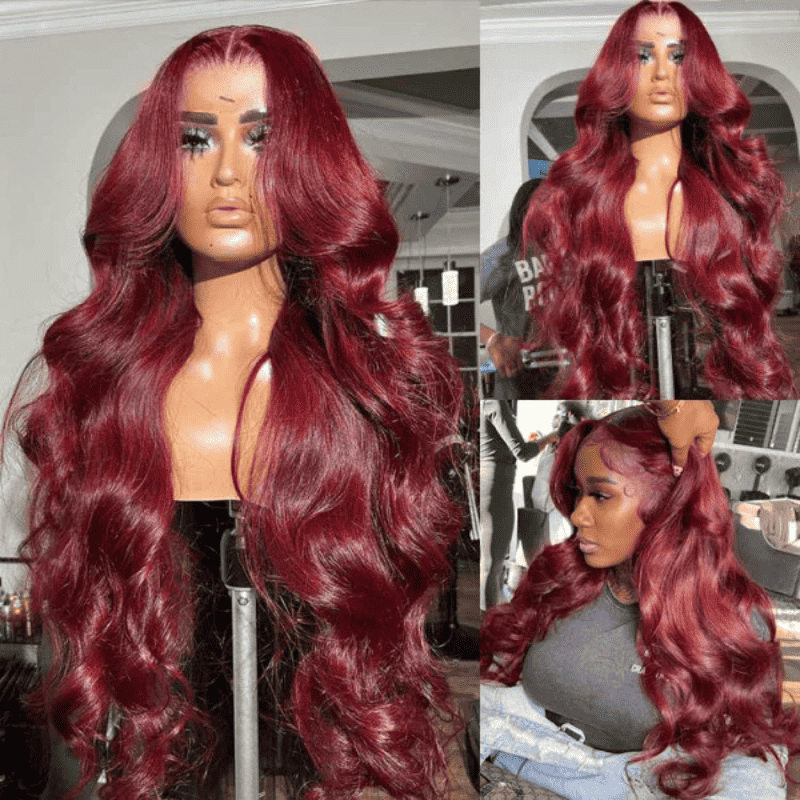 Seamless 13x4 HD transparent lace frontal with natural pre-plucked hairline in 99J burgundy
