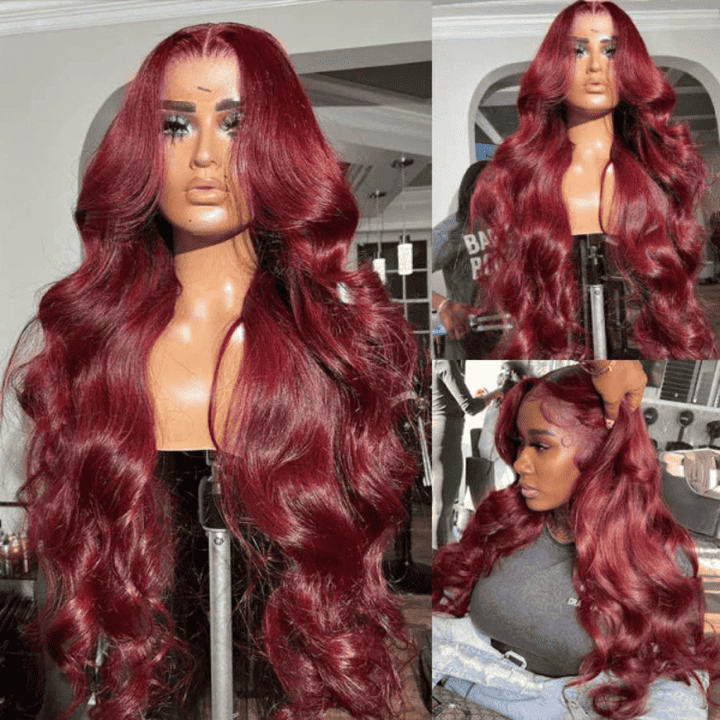 Seamless 13x4 HD transparent lace frontal with natural pre-plucked hairline in 99J burgundy