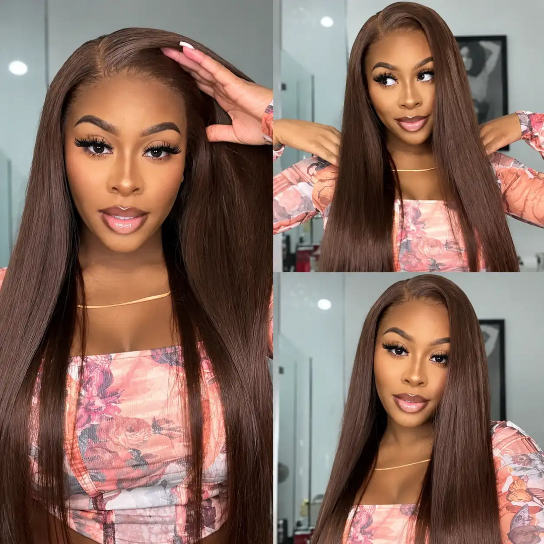 Seamless Melting HD Transparent Lace Frontal on ALIGLOSSY #4 Chocolate Brown Straight Human Hair Wig with Pre-Plucked Hairline
