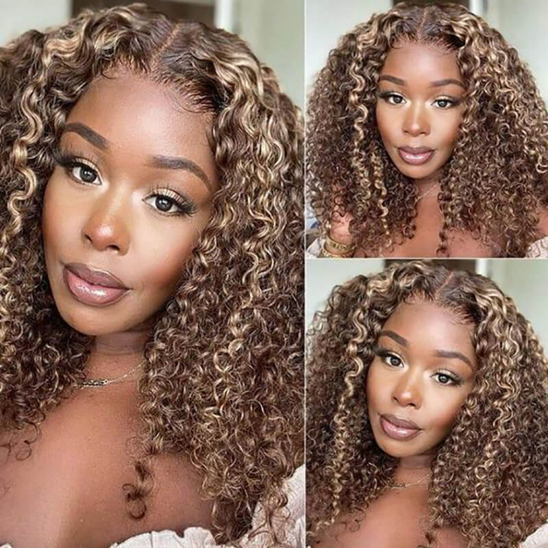 Short Jerry Curly bob human hair wig, 4/27 Highlight, 13x4 HD lace