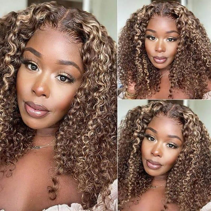 Short Jerry Curly bob human hair wig, 4/27 Highlight, 13x4 HD lace