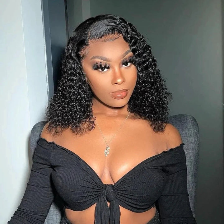 Short bob human hair wig featuring deep wave texture and full density