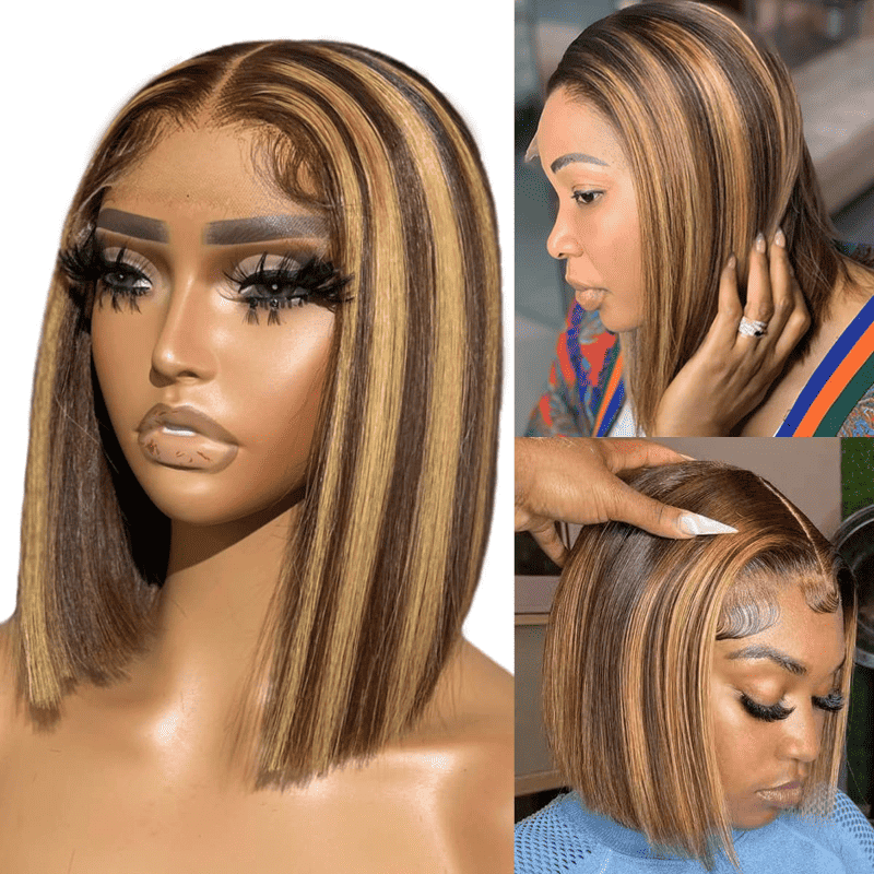 Short straight bob wig, P4/27 Highlight color, 13x4 HD transparent lace