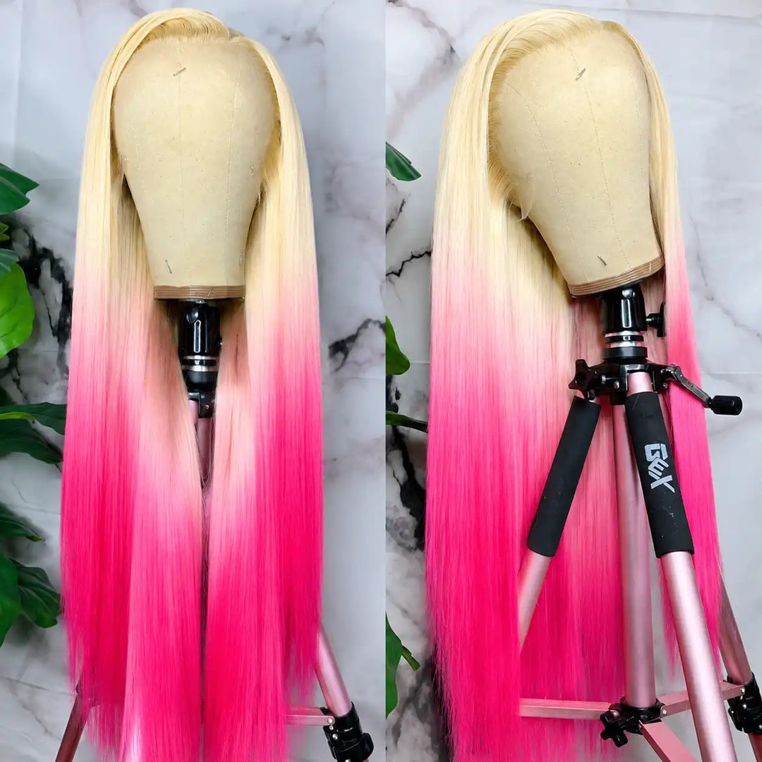 Side view demonstrating the smooth, silky straightness of Ombre 613 Blonde Orange Pink Yellow Straight 13x4 HD Lace Front Human Hair Wig.