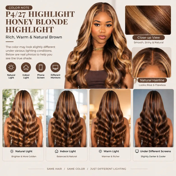 Side view look of 23-23.5 inch Large Cap Size P4/27 Highlight Body Wave 13x4 Lace Front Human Hair Wig with bouncy body waves.