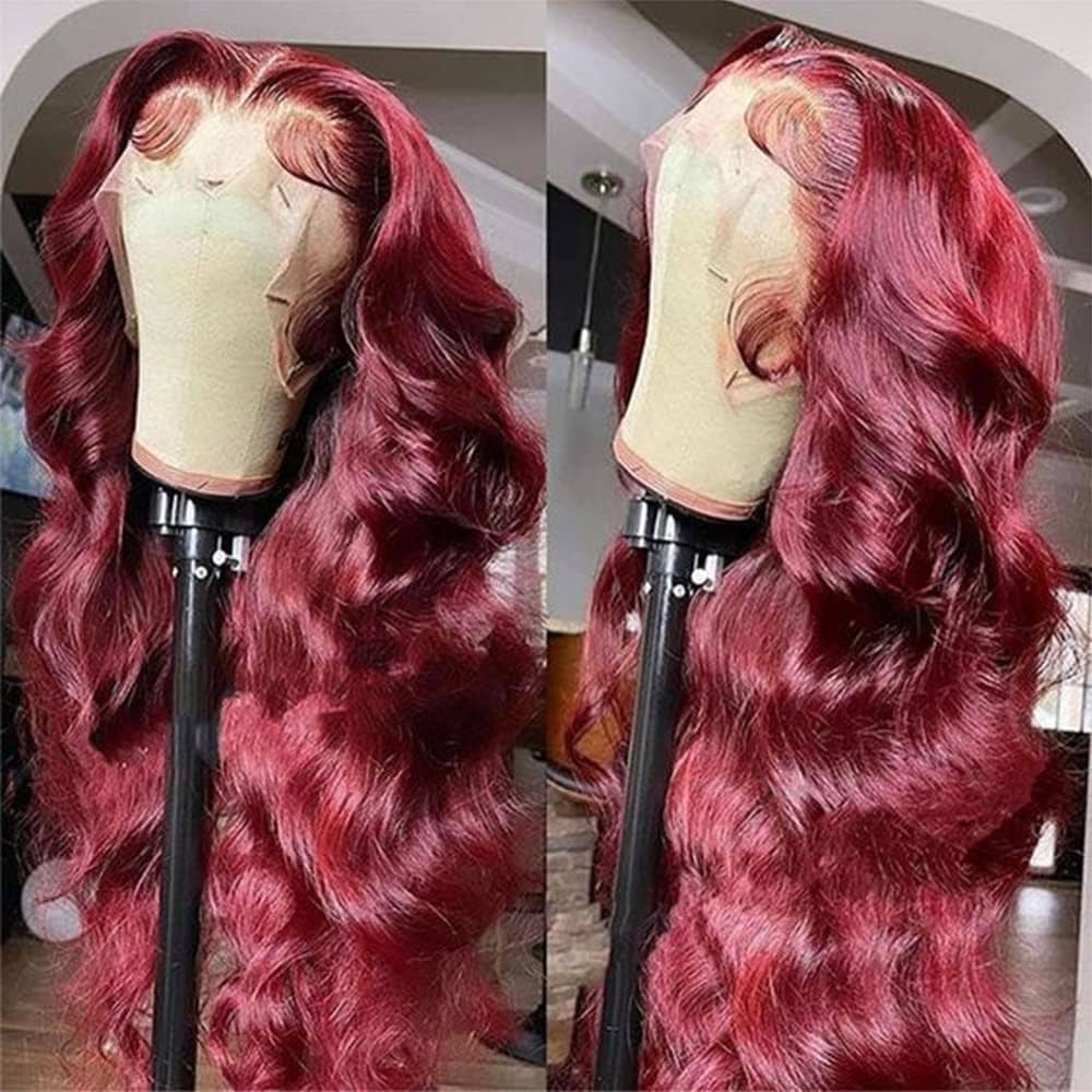 Side view of 99J burgundy 180% density 13x4 HD lace front human hair wig