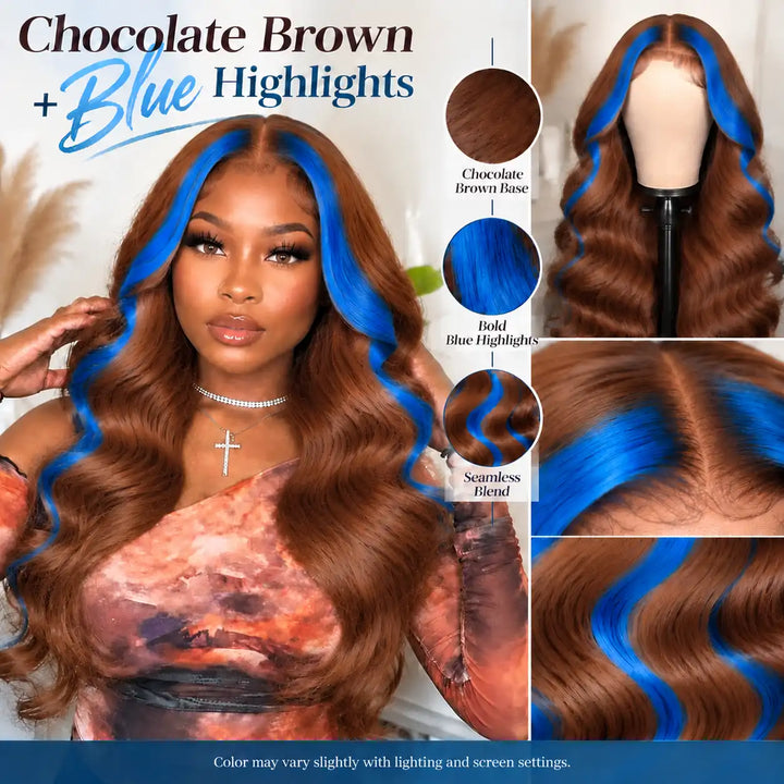 Side view of Chocolate Brown Skunk Stripe Wig With Blue Highlights 13x4 HD Lace Frontal Hair Wigs