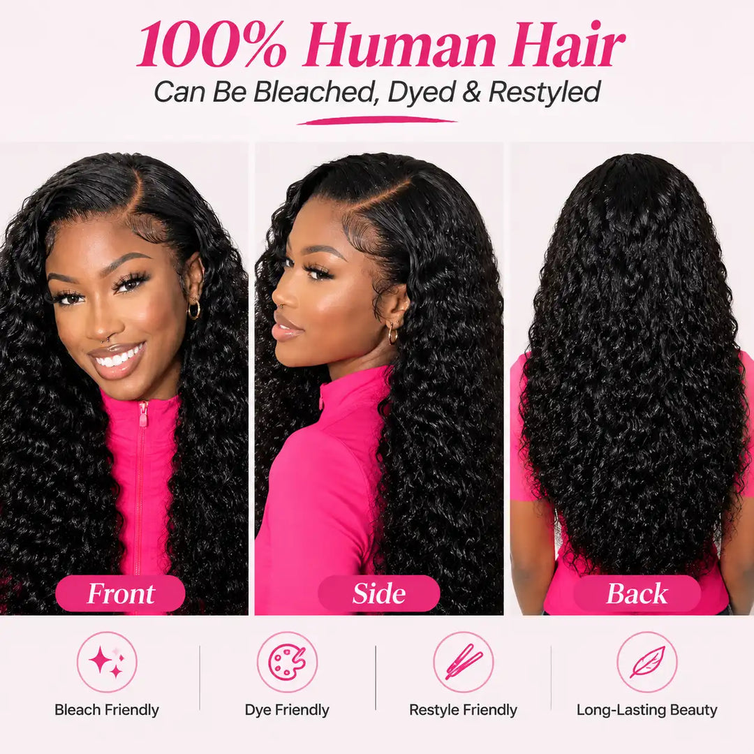 Side view of a model wearing the ALIGLOSSY Side C Part Deep Wave 13x4 HD Lace Frontal Human Hair Wig, showcasing how the pre-styled C-part beautifully frames the face with 250% density.