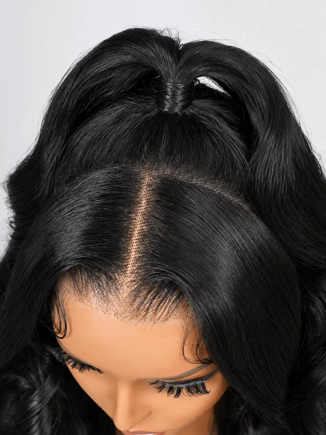 Side view of pre-styled half up half down ponytail body wave 100% virgin human hair wig