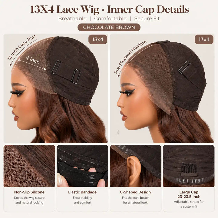 Silky body wave human hair texture and thick full ends on chocolate brown 23.5 inch large cap wig