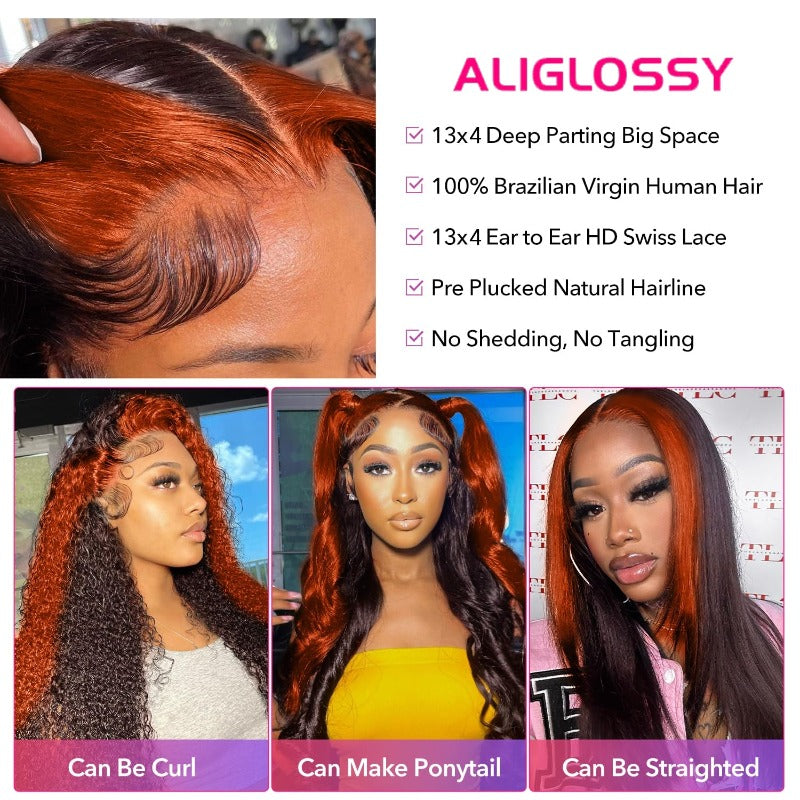Skunk Stripe Ginger Body Wave 13x4 HD lace front wig, 180% density