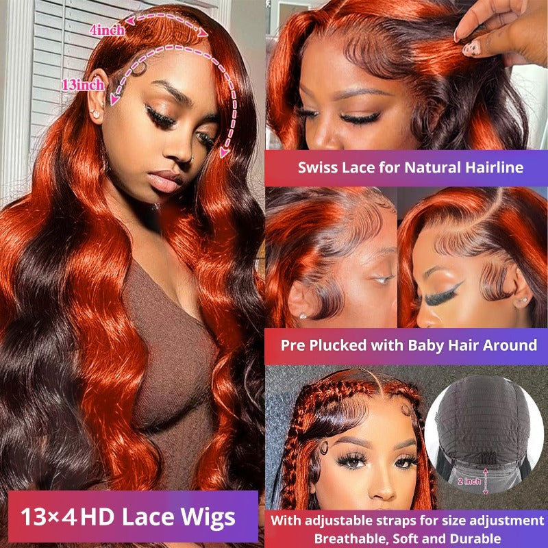 Skunk Stripe Ginger human hair wig, 180% density, 13x4 HD lace