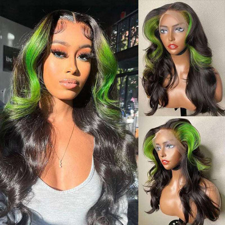 Skunk Stripe black wig with Green Streak Highlights, 13x4 HD lace front