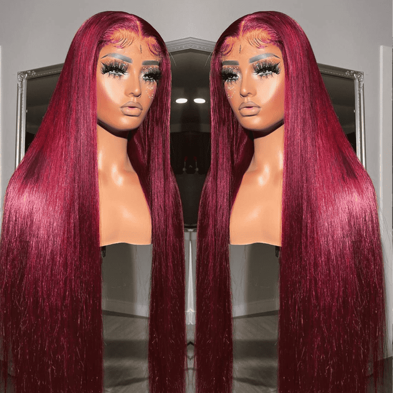 Sleek 99J burgundy straight 13x4 HD lace front human hair wig