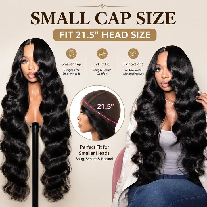 Small Cap Size 21.5 Inch Body Wave Human Hair Wig 13x4 HD Lace Front Wig 200% 250% Density Small Head Friendly Wig showing bouncy body wave style and flawless melt hairline
