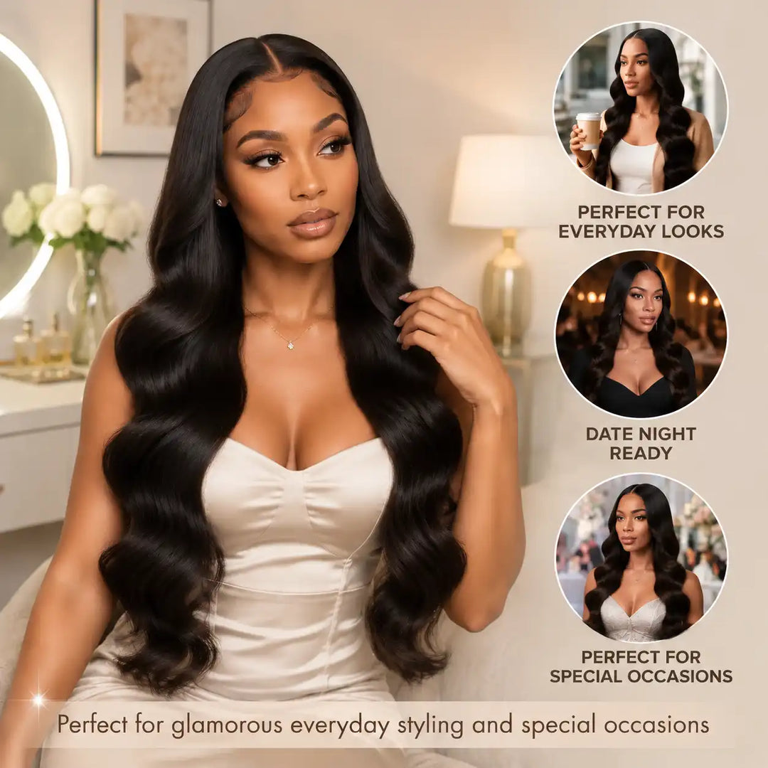 Small Cap Size 21.5 Inch Body Wave Human Hair Wig 13x4 HD Lace Front Wig 200% 250% Density Small Head Friendly Wig showing thick full volume and hair density comparison