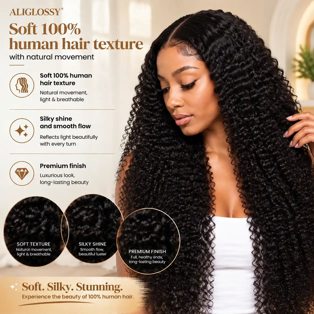 Soft 100% human hair texture and silky shine display of Large Cap Size Kinky Curly 13x4 HD Lace Frontal Human Hair Wig ALIGLOSSY.