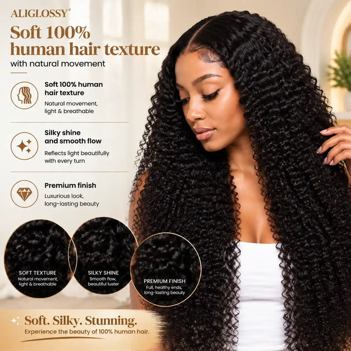 Soft 100% human hair texture and silky shine display of Large Cap Size Kinky Curly 13x4 HD Lace Frontal Human Hair Wig ALIGLOSSY.