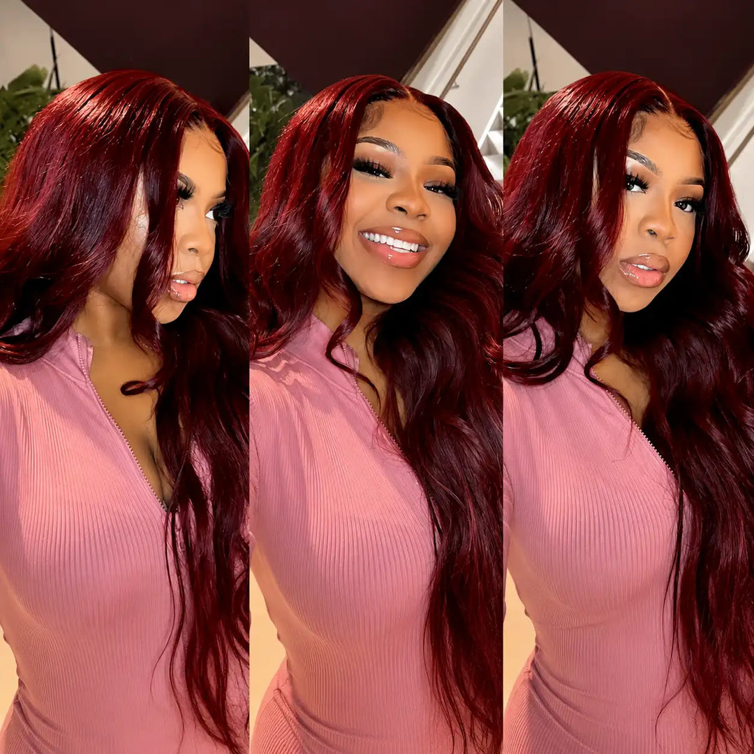 Soft 99J burgundy body wave human hair wig with natural luster