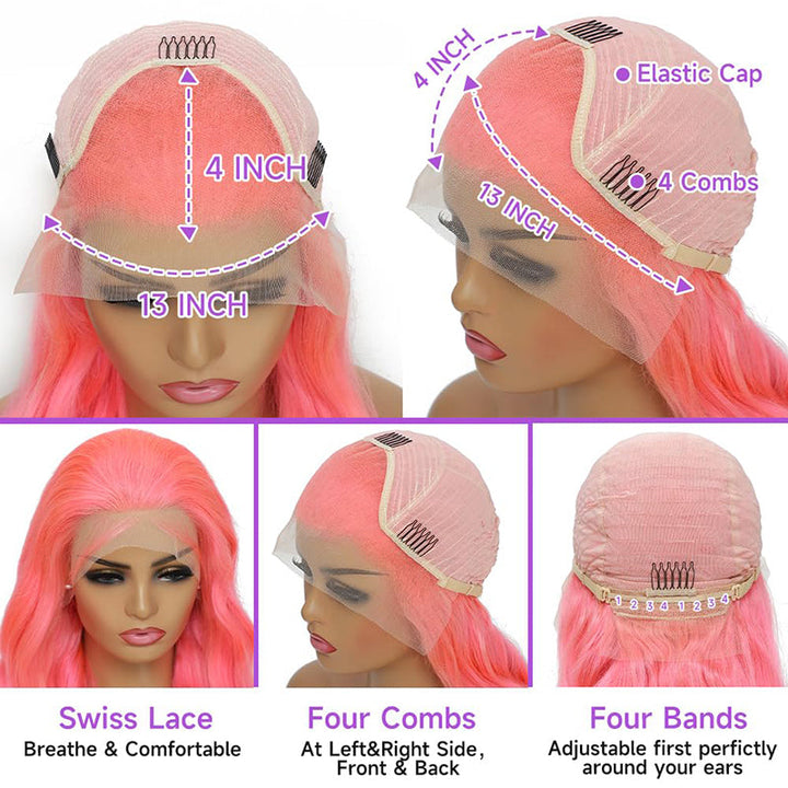Straight Pink human hair wig with Blonde Highlights, 13x4 HD lace front