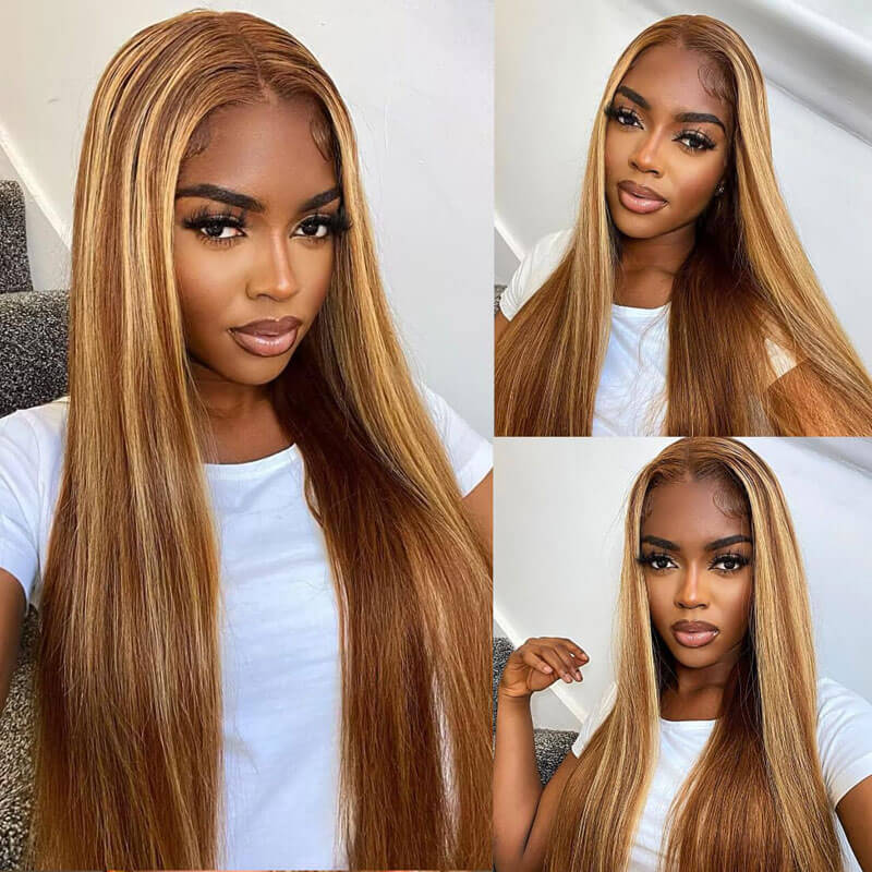 Straight and wavy Highlight human hair wig, 180 density glueless closure