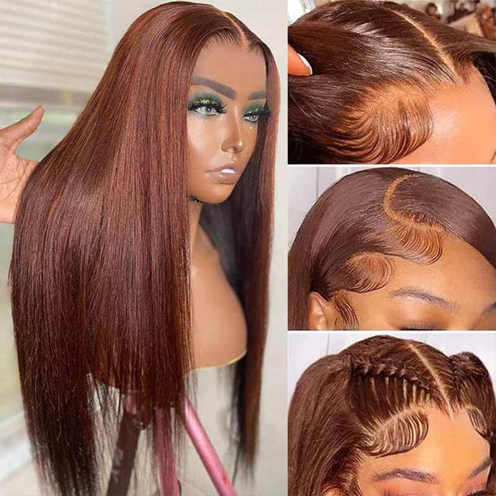 Straight human hair wig, #33 Reddish Brown color, 13x4 4x4 HD transparent lace