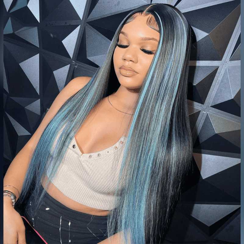 Straight human hair wig, Light Blue Highlights on black hair, 13x4 lace front