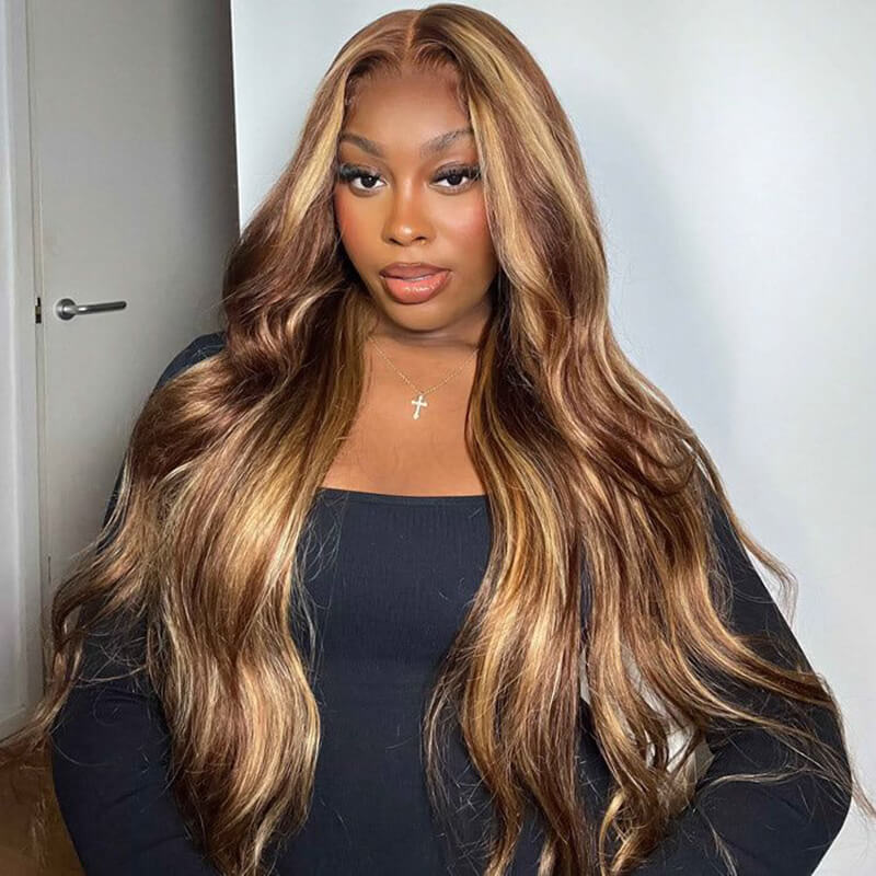 Straight wig with P4/27 highlights, 13x6 HD lace front, natural hairline