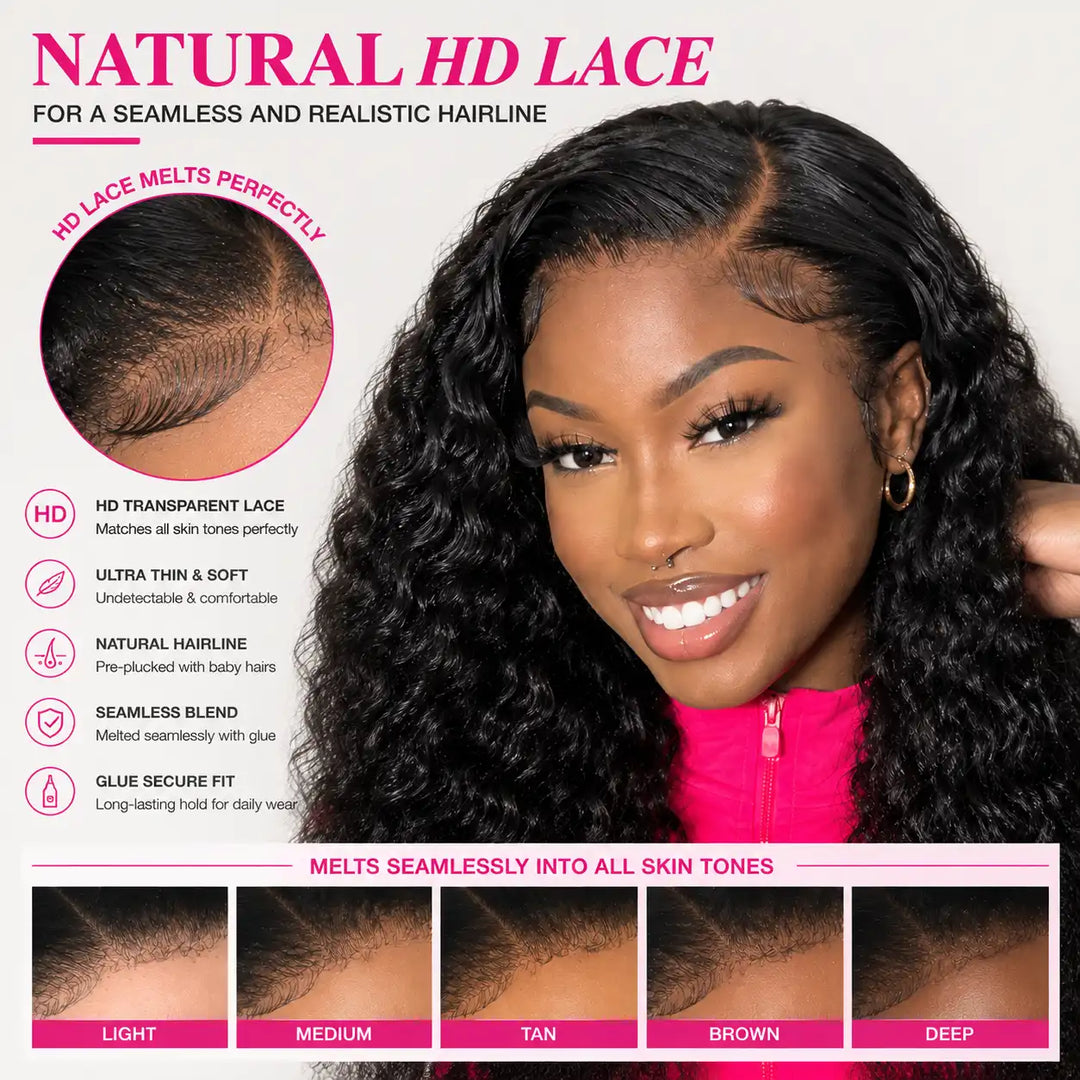 The invisible melting HD lace and stretchable cap construction of the ALIGLOSSY Side C Part Deep Wave 13x4 HD Lace Frontal Human Hair Wig, featuring adjustable straps and secure combs.