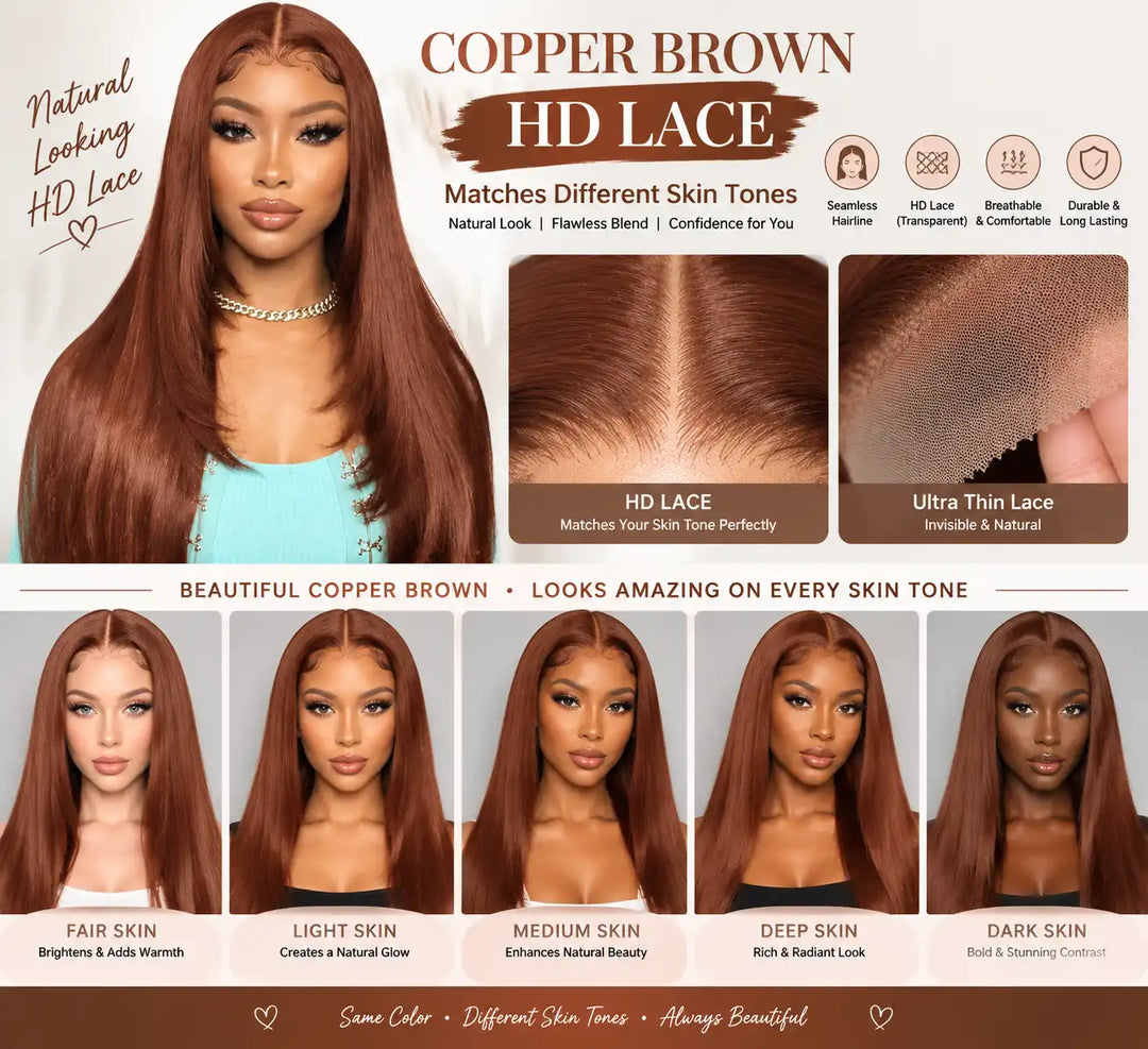 The seamless invisible melting 13x4 HD transparent lace and pre-plucked natural hairline on the ALIGLOSSY Layered Cut Copper Brown Wig 13x4 HD Transparent Lace Frontal Human Hair Wigs, matching the model's skin tone perfectly.