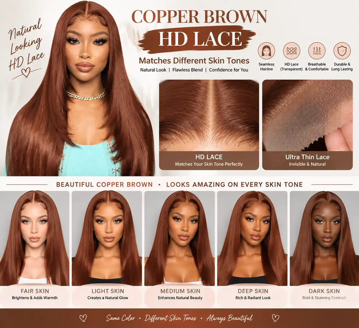 The seamless invisible melting 13x4 HD transparent lace and pre-plucked natural hairline on the ALIGLOSSY Layered Cut Copper Brown Wig 13x4 HD Transparent Lace Frontal Human Hair Wigs, matching the model's skin tone perfectly.