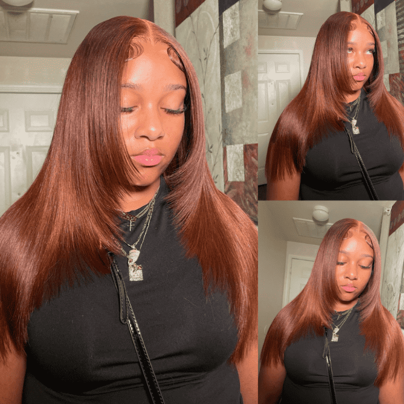 The seamless invisible melting 13x4 HD transparent lace and pre-plucked natural hairline on the ALIGLOSSY Layered Cut Copper Brown Wig 13x4 HD Transparent Lace Frontal Human Hair Wigs, matching the model's skin tone perfectly.