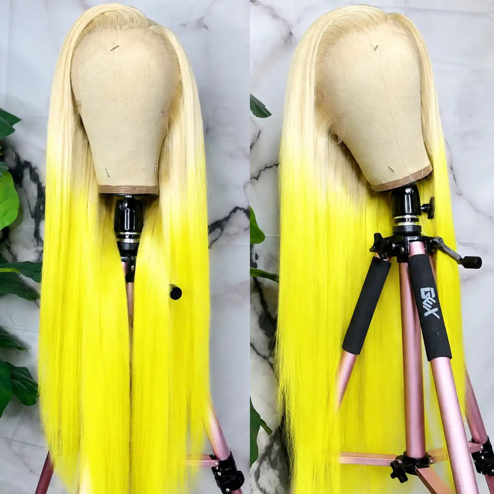 True-to-color comparison under natural sunlight for Ombre 613 Blonde Orange Pink Yellow Straight 13x4 HD Lace Front Human Hair Wig.