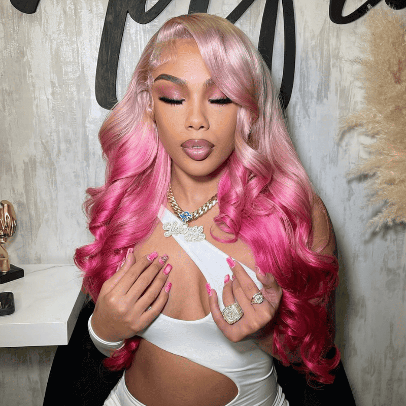 Two Tone Ombre Platinum Blonde Rose Pink Body Wave Lace Front Human Hair Wig 13x4 HD Lace Front View