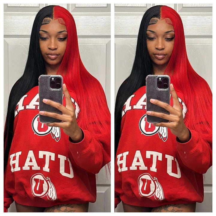 Two Tone Split Color Half 613 Half Black Pink Red 13x4 Straight Lace Front Human Hair Wig
