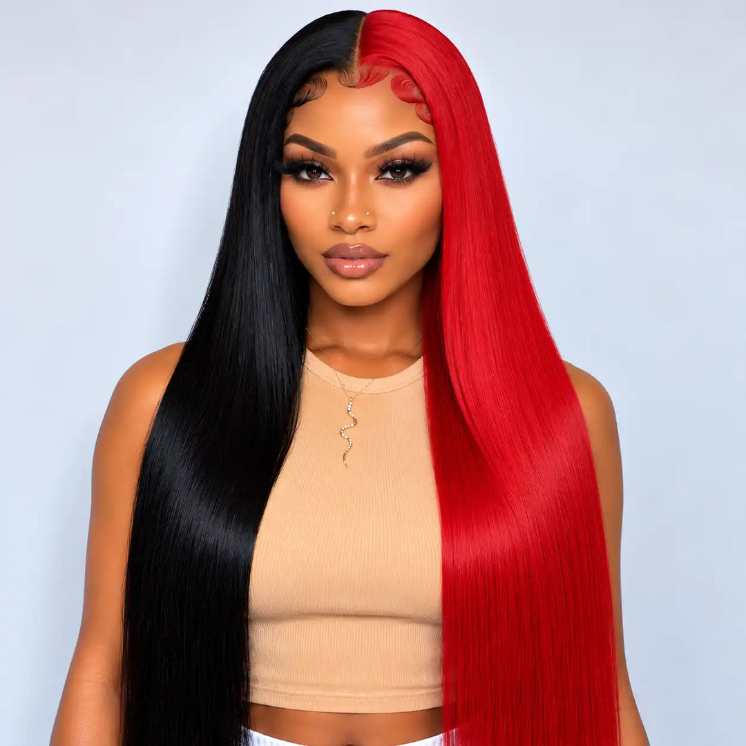 Two Tone Split Color Half 613 Half Black Pink Red 13x4 Straight Lace Front Human Hair Wig