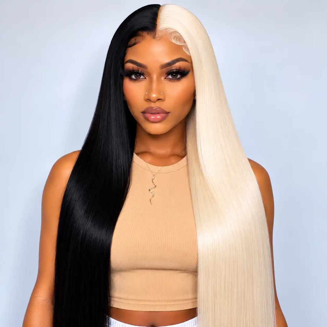 Two Tone Split Color Half Blonde Half Black 13x4 Straight Lace Front Human Hair Wig