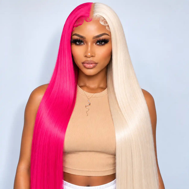Two Tone Split Color Half Blonde Half Pink 13x4 Straight Lace Front Human Hair Wig