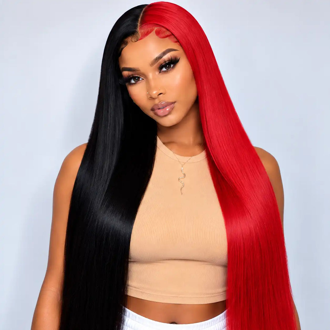 Two Tone Split Color Half Red Half Black 13x4 Straight Lace Front Human Hair Wig