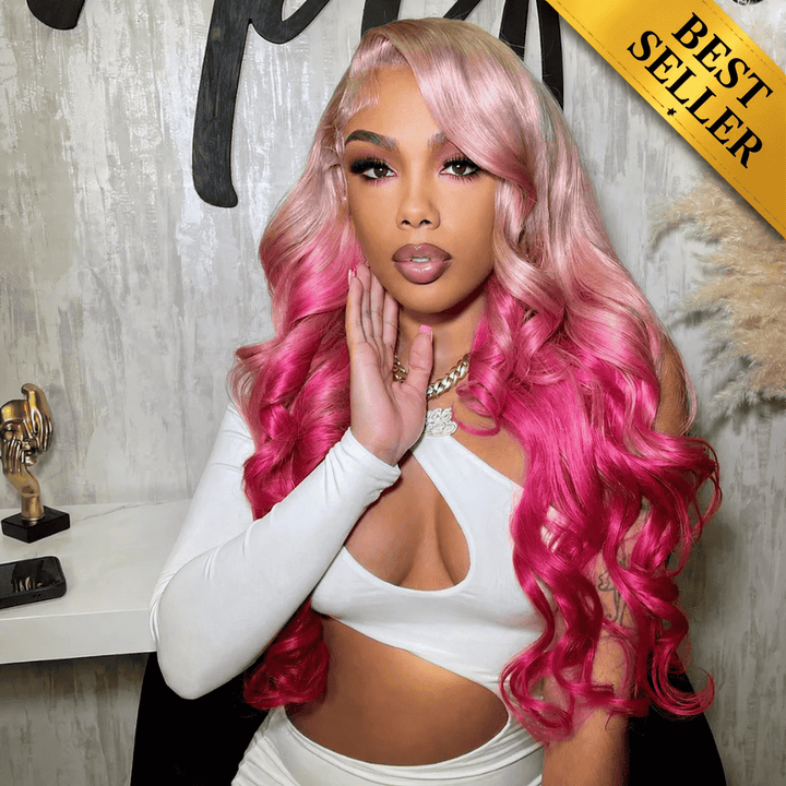 Two tone Ombre Platinum Blonde Rose Pink and Red 13x4 HD lace front wig