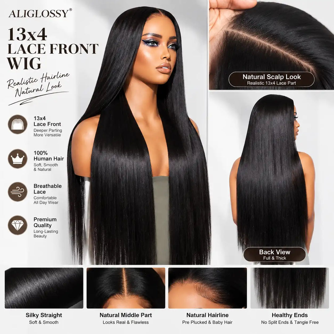 Ultra-thin HD transparent lace detail on ALIGLOSSY 13X4 13X6 Straight Human Hair Wig