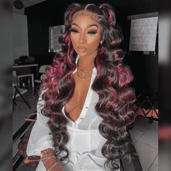 Wand Curl human hair wig, Red Highlights, 250% high density, 13x4 HD lace