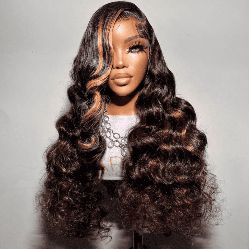 Wand Curls Loose Deep Wave human hair wig, Brown Highlight, 250% density